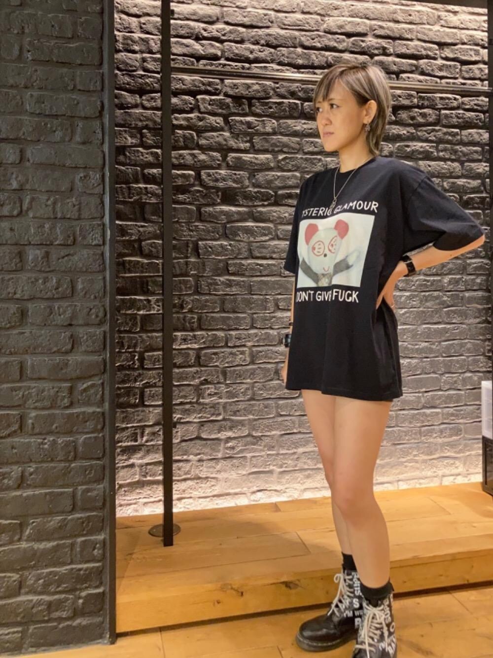 「ブラック、ヒステリックグラマー、hysteric glamour、夏コーデ、らふこーで、Ｔシャツ、あめかじ、ぱんだ」｜「HYSTERIC GLAMOURのRED EYE PANDA Tシャツ（Tシャツ/カットソー、ブラック系）」を使った、Yukaさん（レディース・155cm）の夏コーディネートの1枚目の写真