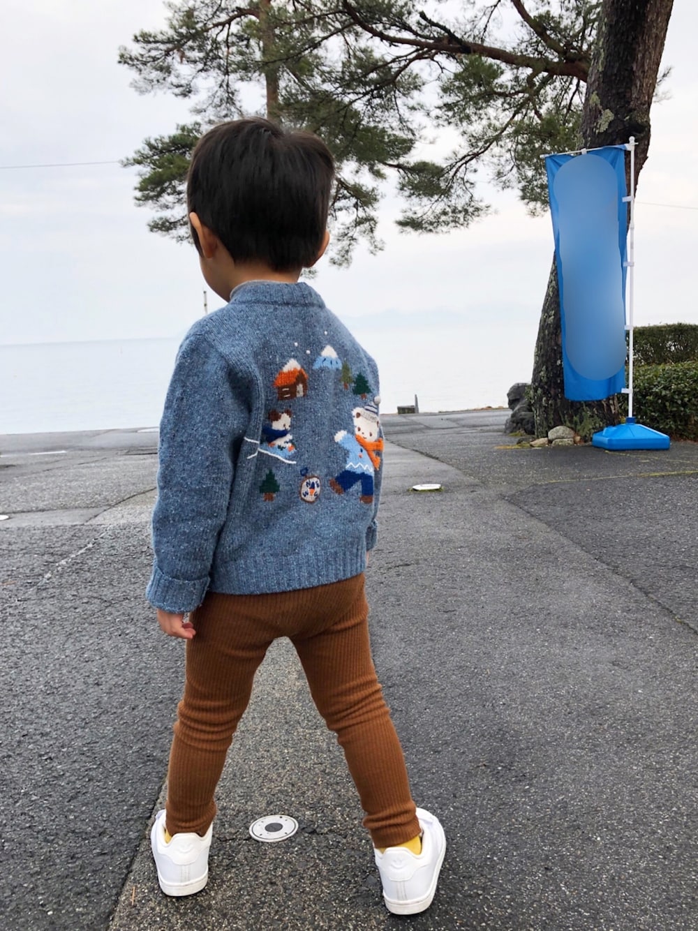 「後ろ姿、男の子、男の子コーデ、おとこのこ、息子、familiar、3歳、3歳男の子、3歳3ヶ月、シンプルコーデ」｜「Familiar のアイテム（カーディガン/ボレロ、ブルー系）」を使った、kotaroさん（キッズ・90cm）の冬コーディネートの1枚目の写真