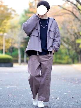 「THE CASUAL（カジュアル）のTRストレッチ タックルーズ ワイドテーパード スラックスパンツ（スラックス）」を使った、なおゑさん（メンズ・180cm）の秋コーディネート