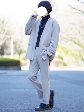 「GU（ジーユー）のアイテム（ノーカラージャケット）」を使った、なおゑさん（メンズ・180cm）の冬コーディネート