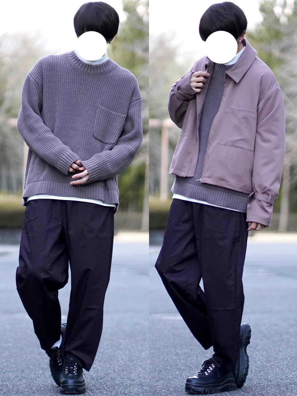「シンプル、バルーンパンツ、ニット、GU、プチプラ、ゆるコーデ、ブラウン、スニーカー、ワイドパンツ、プチプラコーデ」｜「INTER FACTORYのファッションインフルエンサー なおゑ × INTER FACTORY　オーバーサイズスリーブストラップブルゾン（その他アウター、ブラウン系）」を使った、なおゑさん（メンズ・180cm）の冬コーディネートの1枚目の写真
