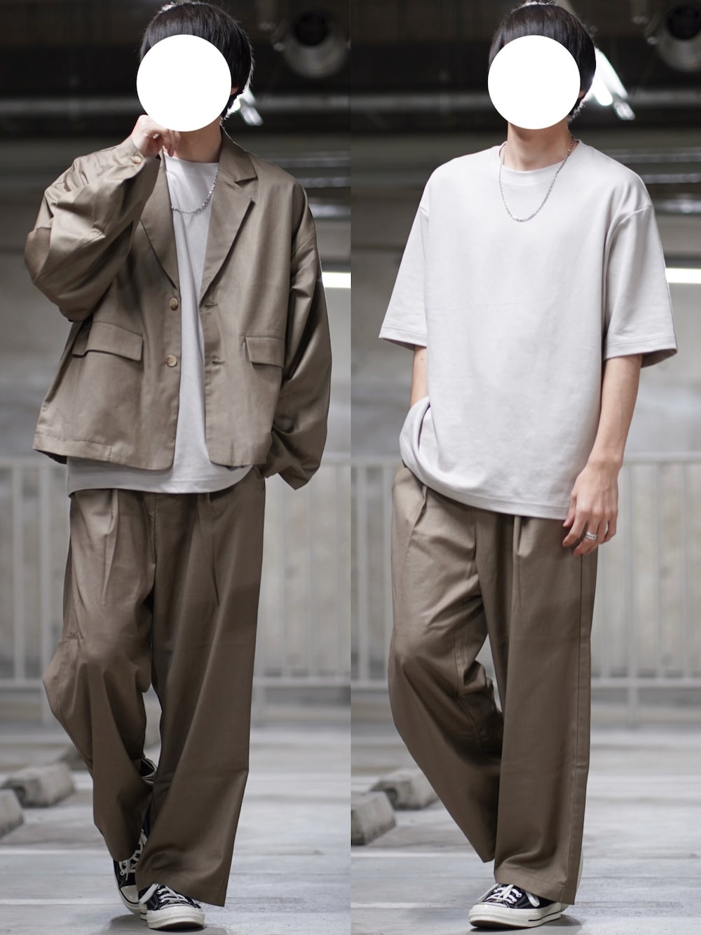 ブラウン系のセットアップ、グレー系のTシャツ/カットソー、ブラック系のスニーカーを着用したメンズの春コーディネートの1枚目の写真