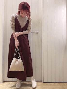 「LOWRYS FARM（ローリーズファーム）のストレッチヒールブーツ　851418（ブーツ）」を使った、fuka さん（レディース・155cm）の冬コーディネート