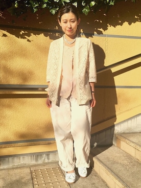 「アイテム（モカシン/デッキシューズ、ホワイト系）」を使った、noguchiさん（レディース・159cm）の春コーディネート