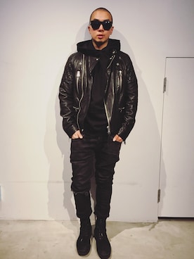 「ALLSAINTS（オールセインツ）のアイテム（ライダースジャケット）」を使った、Mameさん（メンズ・168cm）の冬コーディネート