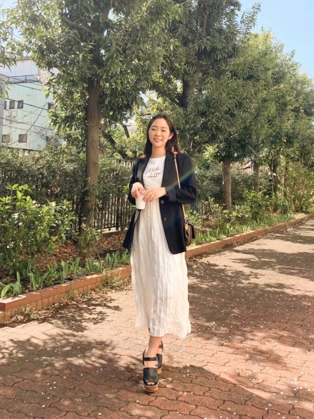 「ワンピ、ワンピース、春コーデ、シンプルコーデ、カジュアル、入学式、韓国ファッション、韓国ブランド、韓国、平成最後のWEARISTAセンバツ」｜「jammlyのアイテム（ワンピース、ホワイト系）」を使った、hannannyさん（レディース・153cm）の春コーディネートの1枚目の写真
