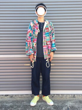 「ワークパンツ」｜「アイテム（ポンチョ）」を使った、 な さん（メンズ・173cm）の春コーディネート