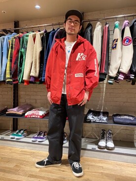 「アイテム（ミリタリージャケット、レッド系）」を使った、OHTAKIさん（メンズ・170cm）の冬コーディネート