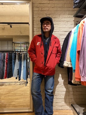 「アイテム（ミリタリージャケット、レッド系）」を使った、OHTAKIさん（メンズ・170cm）の冬コーディネート