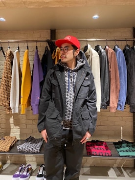 「HYSTERIC GLAMOUR（ヒステリックグラマー）のHYS WHISKY柄 刺繍キャップ（キャップ）」を使った、OHTAKIさん（メンズ・170cm）の冬コーディネート