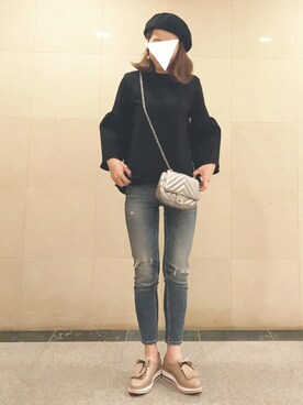 「バルーン袖」｜「アイテム（ハンチング/ベレー帽）」を使った、karachanさん（レディース・159cm）の春コーディネート