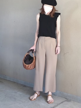 「ベージュ×ブラック」｜「アイテム（ハンチング/ベレー帽）」を使った、karachanさん（レディース・159cm）の夏コーディネート