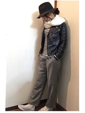 「ツイードパンツ」｜「アイテム（ライダースジャケット）」を使った、えこ¨̮♡⃛さん（レディース・162cm）の冬コーディネート