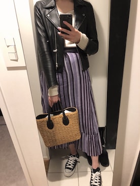 「STUDIOUS（ステュディオス）のアイテム（ライダースジャケット）」を使った、rさん（レディース・163cm）の春コーディネート