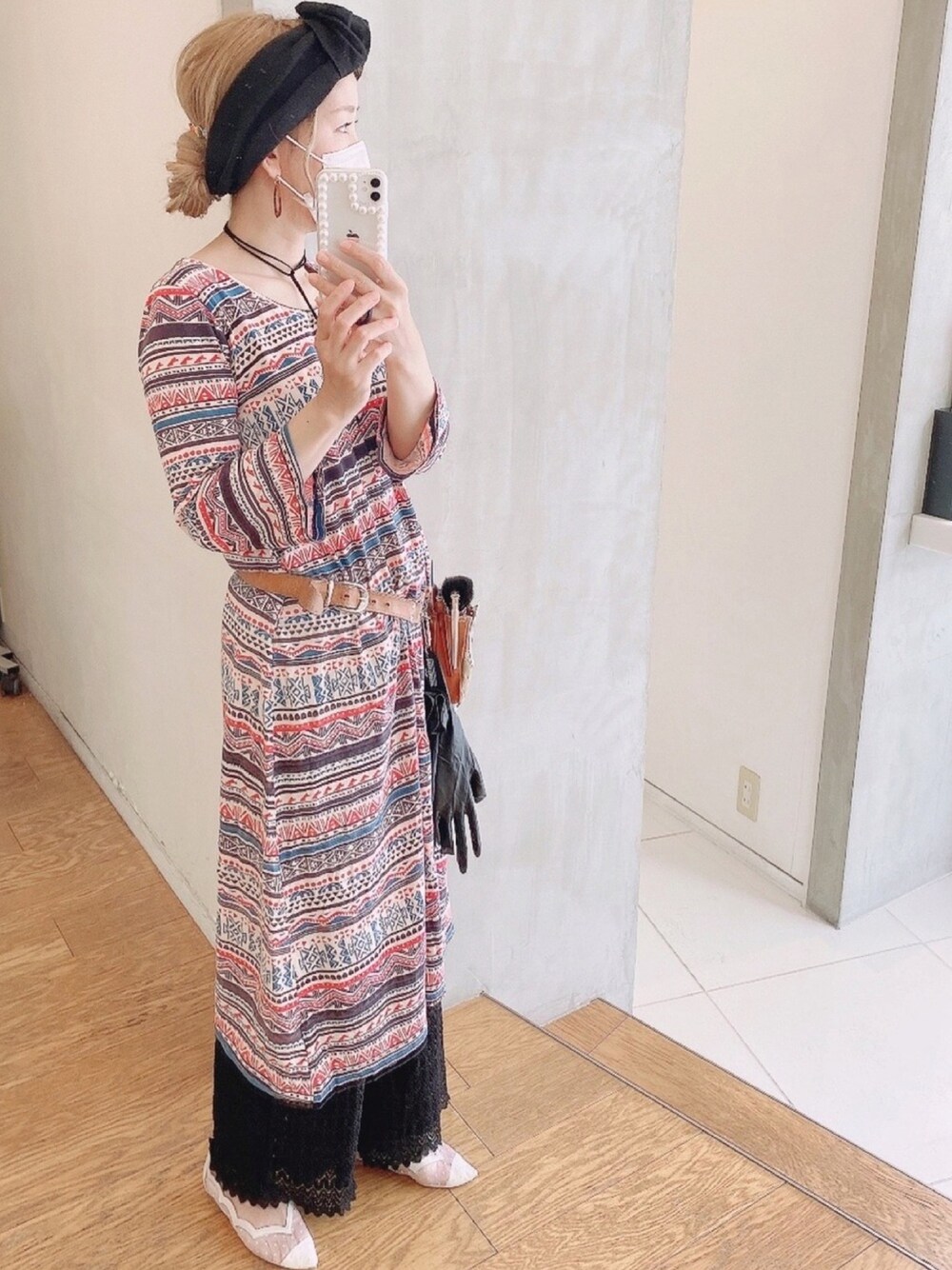 「オトナ女子、秋服、ガラワンピース、ママコーデ、しごとスタイル、ターバン」｜「Aminaのアイテム（ワンピース、その他）」を使った、もーりさん（レディース・167cm）の秋コーディネートの1枚目の写真
