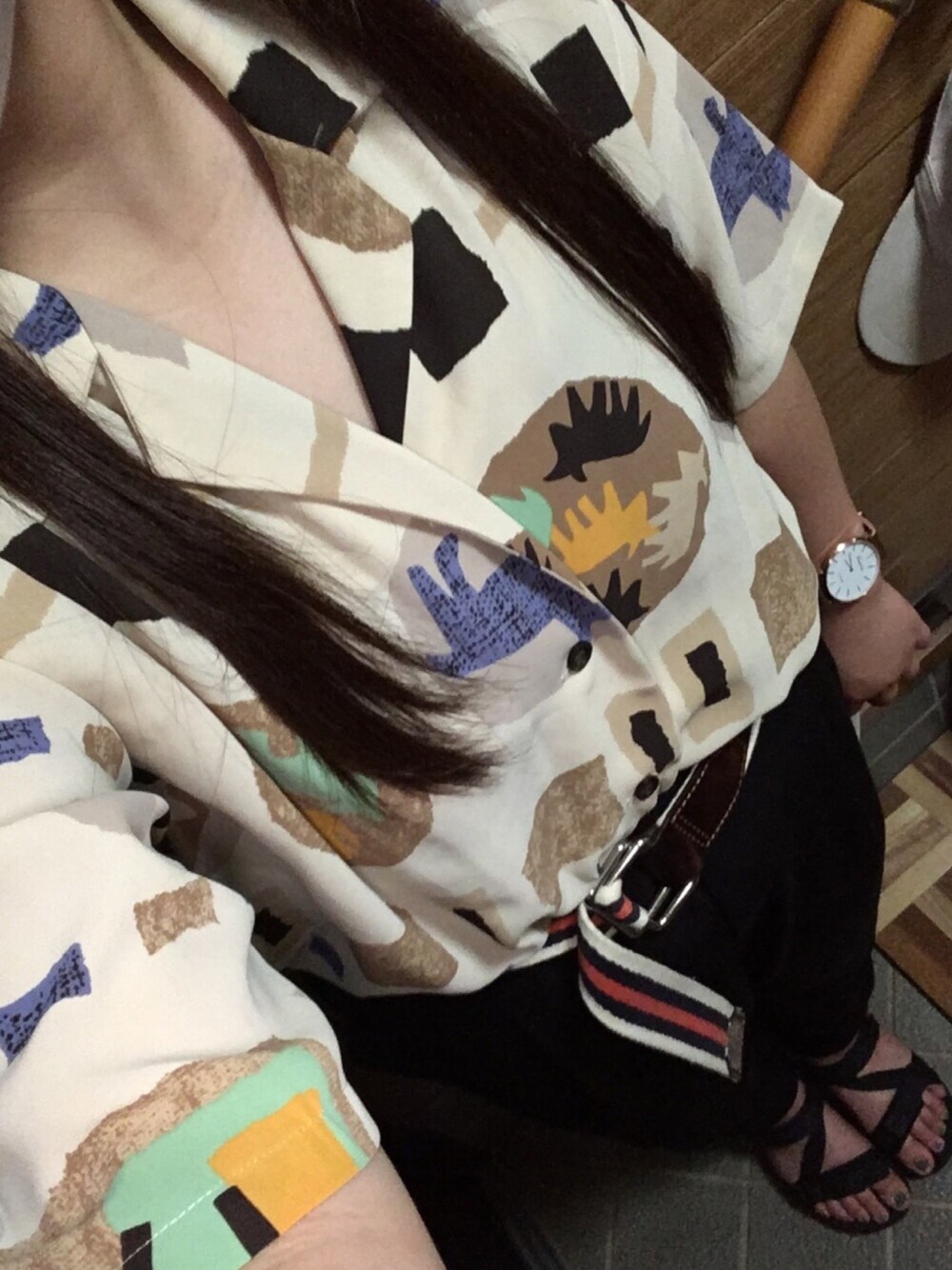 「古着、シンプルコーデ、柄シャツ、UNIQLO、GU、古着ミックス」｜「usedのアイテム（シャツ/ブラウス、ベージュ系）」を使った、mamさん（レディース・152cm）の夏コーディネートの1枚目の写真