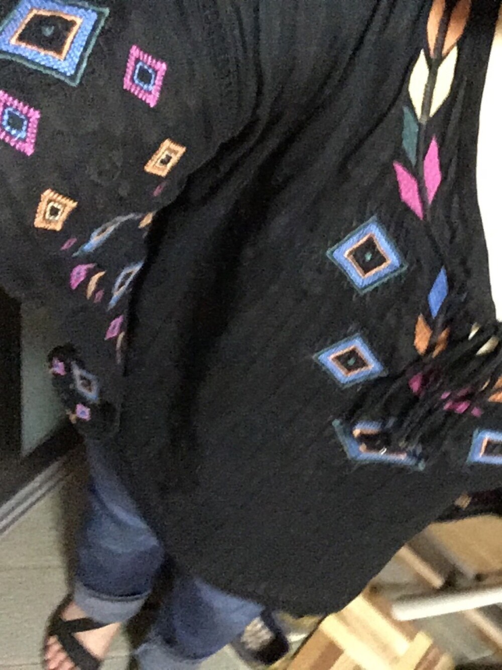 「カラフル、黒、デニム、GU、サンダル、古着、夏コーデ、outfit、大学生」｜「usedのアイテム（その他トップス、ブラック系）」を使った、mamさん（レディース・152cm）の夏コーディネートの1枚目の写真