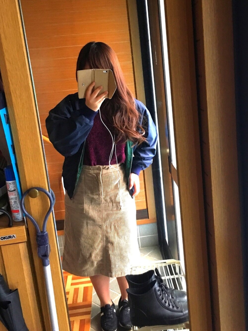 「秋、大人カジュアル、プチプラ、古着、低身長、大学生、コーデュロイ、紫、GU、スカート」｜「usedのアイテム（ブルゾン、ブルー系）」を使った、mamさん（レディース・152cm）の秋コーディネートの1枚目の写真