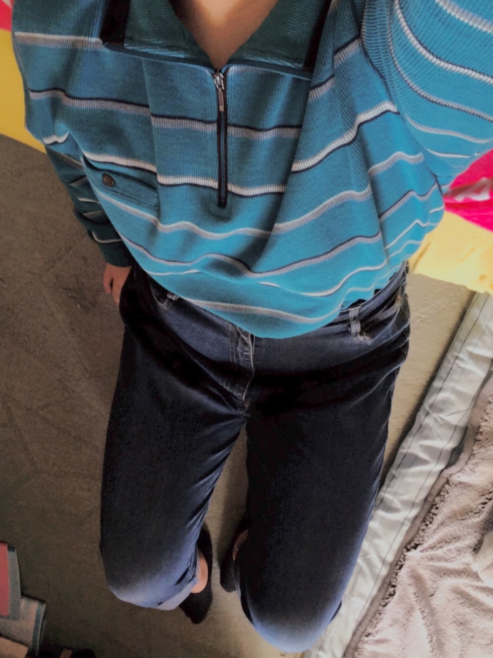 「デニムパンツ、古着、古着MIX、長袖ポロシャツ、ボーダー、エメラルドグリーン、大学生、休日スタイル、ラクチンコーデ、みつあみ」｜「usedのアイテム（ポロシャツ、ブルー系）」を使った、mamさん（レディース・152cm）の秋コーディネートの1枚目の写真