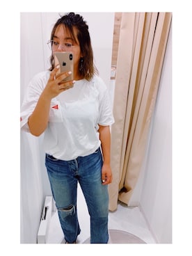 「白Tシャツ×デニム」｜「アイテム（チュニック）」を使った、ことさん（レディース・164cm）の夏コーディネート