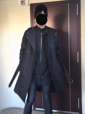 「ノーカラー」｜「アイテム（トレンチコート）」を使った、hoziさん（メンズ・180cm）の冬コーディネート