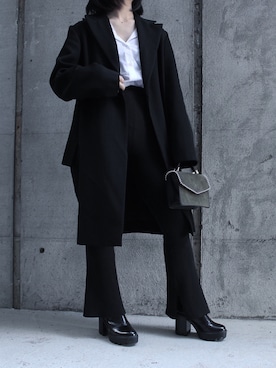 「Yohji Yamamoto（ヨウジヤマモト）のアイテム（チェスターコート）」を使った、miwa さん（レディース・157cm）の夏コーディネート