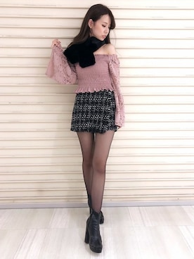 Tシャツ/カットソー（ピンク系）を使った「ショートパンツ」の