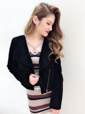 「ベロア」｜「アイテム（ライダースジャケット）」を使った、Delyle NOIR STAFFさん（レディース・160cm）の冬コーディネート