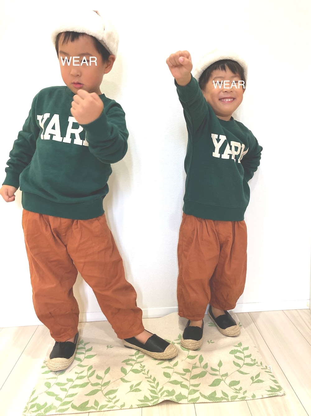 「おそろコーデ、きょうだいコーデ、バルーンパンツ、スウェット、ぼうし」｜「MARKEY'Sのアイテム（トップス、グリーン系）」を使った、S♡K♡K♡さん（キッズ・110cm）の秋コーディネートの1枚目の写真