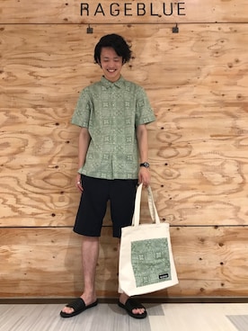 「RAGEBLUE（レイジブルー）のアイテム（トートバッグ）」を使った、浦上【RAGEBLUE】さん（メンズ・180cm）の夏コーディネート