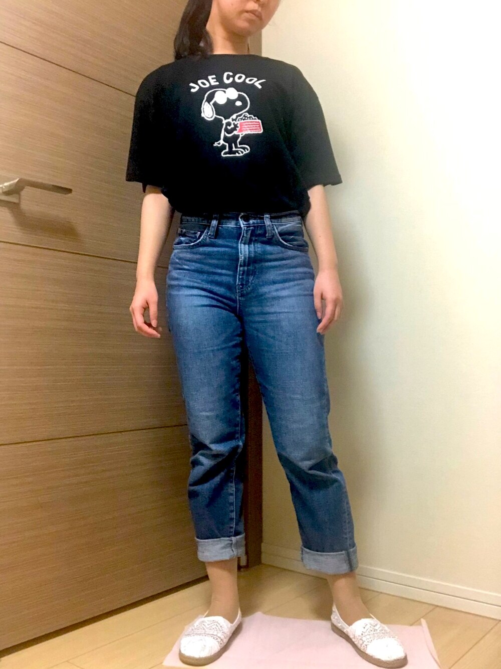 「スヌーピー、夏だ！Tシャツ着よう！、お買い物コーデ、明日からしごとだよ。、ぬあー、ブラック」｜かぴいさん（レディース・157cm）の夏コーディネートの1枚目の写真