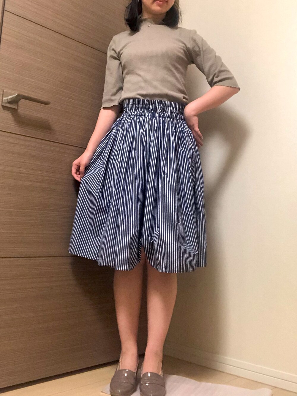「虫刺され、仕事コーデ、奮発、夏コーデ、相互フォロー、ボーダー、しまむら」｜「To b. by agnes b.のアイテム（スカート、ブルー系）」を使った、かぴいさん（レディース・157cm）の夏コーディネートの1枚目の写真