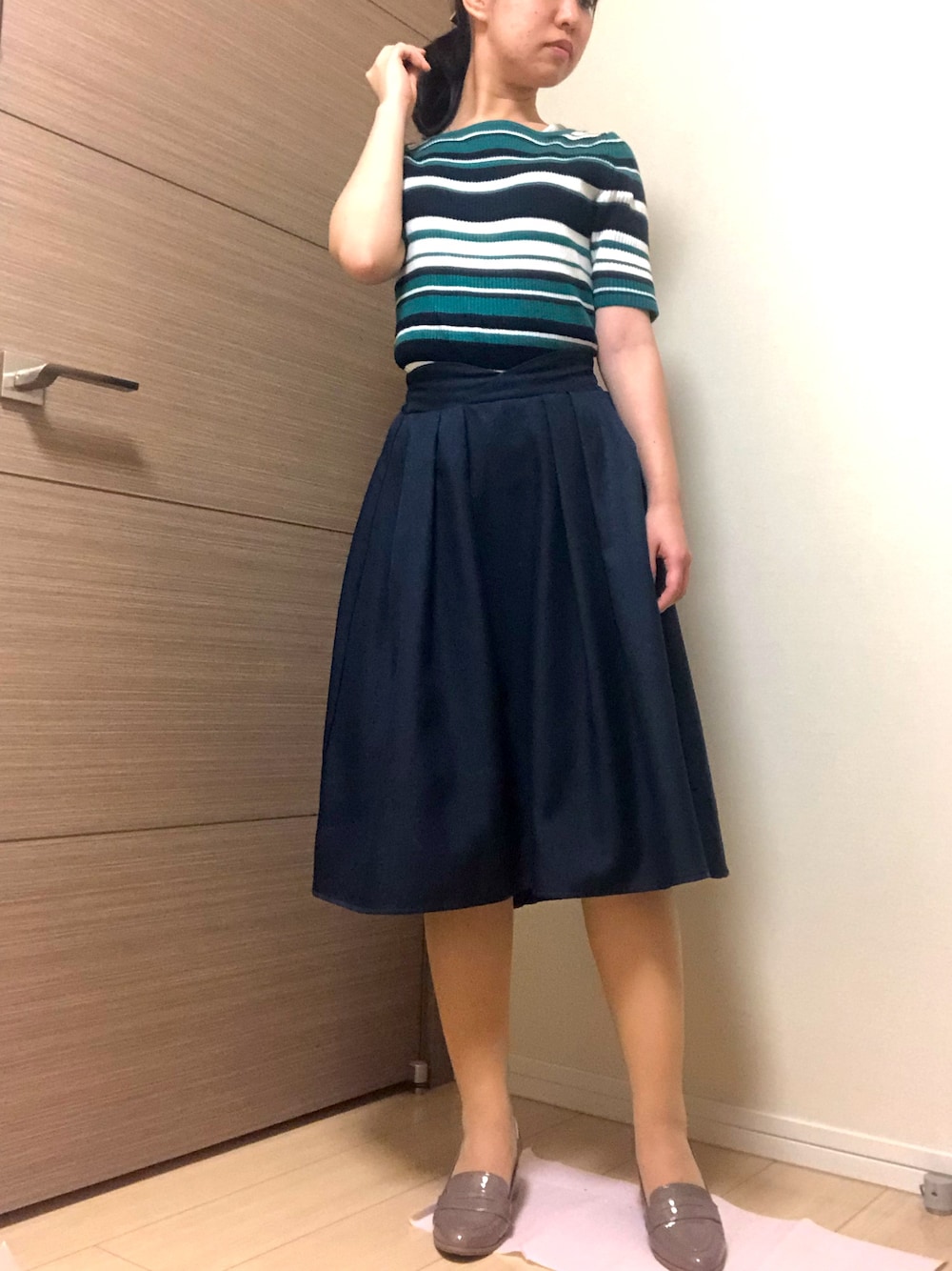 「お仕事コーデ、きちんとスタイル、清楚系…？、金曜日、カレー、ボーダー、プチプラコーデ、しまむら」｜「ROPE' PICNICのアイテム（スカート、ブルー系）」を使った、かぴいさん（レディース・157cm）の夏コーディネートの1枚目の写真