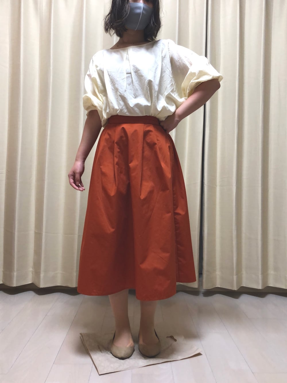 「プチプラ、GUコーデ、マシュマロパンプス」｜「GUのアイテム（スカート、オレンジ系）」を使った、かぴいさん（レディース・157cm）の夏コーディネートの1枚目の写真