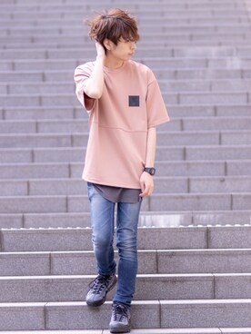 「CAMP7（キャンプセブン）の【CAMP7】エンボスロゴＴシャツ（Tシャツ/カットソー）」を使った、ガワさん（メンズ・175cm）の春コーディネート