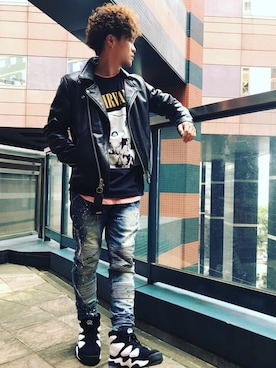 「VANSON（ヴァンソン）のアイテム（ライダースジャケット）」を使った、TAKAHIROさん（メンズ・170cm）の秋コーディネート