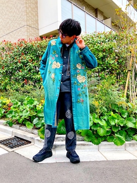 「刺繍」｜「アイテム（ステンカラーコート）」を使った、TAKUYAさん（メンズ・162cm）の春コーディネート