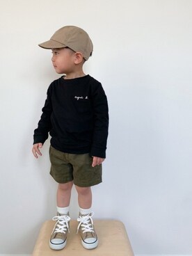 「quoti use fith（クゥオティ　ユース　フィス）のアイテム（キャップ）」を使った、EIMA.SAEさん（キッズ・90cm）の春コーディネート