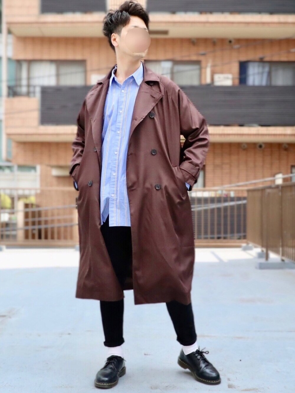 「平成最後のWEARISTAセンバツ、トレンチコート、ブラウンコーデ、MinoriTY、WEGO、ストライプ、ストライプシャツ、LIDnM、黒スキニー、Dr.Martens」｜「MinoriTYのビッグシルエットトレンチコート（トレンチコート、ブラウン系）」を使った、☀️HARUTO☀️さん（メンズ・183cm）の春コーディネートの1枚目の写真