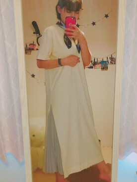 「Chaco closet（チャコ クローゼット）のアソートプリーツ Aラインウエストゴムロングスカート[チェック 小花柄 ダルメシアン コーデュロイ サテン シアー 無地]（スカート）」を使った、えむ。さん（レディース・165cm）の春コーディネート