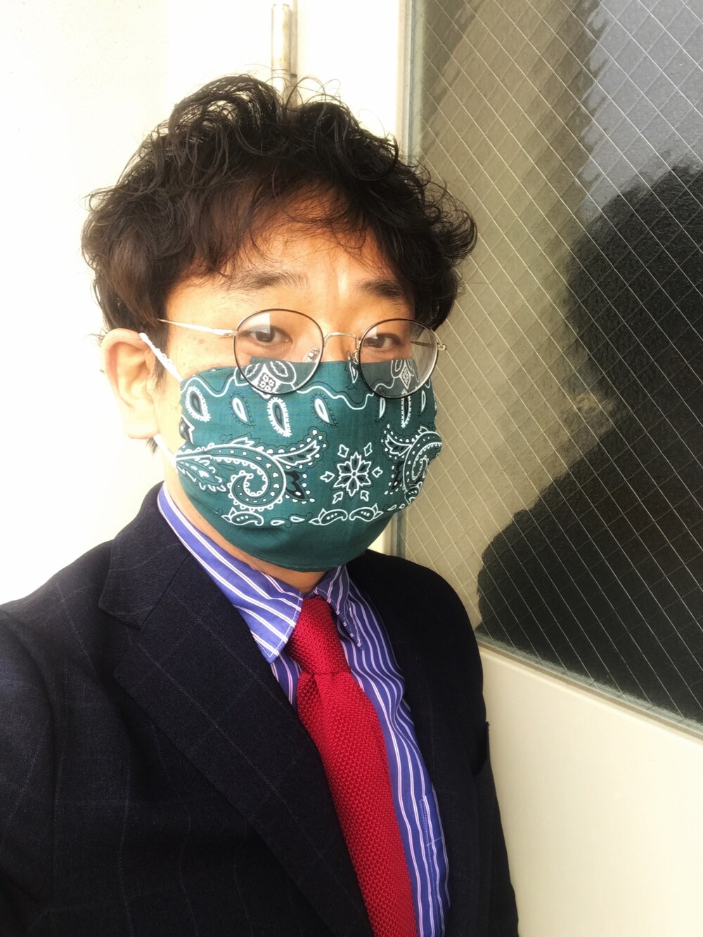 「マスク」｜「手作りのアイテム（その他、グリーン系）」を使った、しもん＠WEARさん（メンズ・173cm）の春コーディネートの1枚目の写真