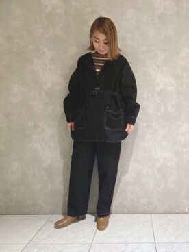 「POU DOU DOU（プードゥドゥ）のアイテム（ノーカラージャケット）」を使った、よしかわさん（レディース・151cm）の冬コーディネート