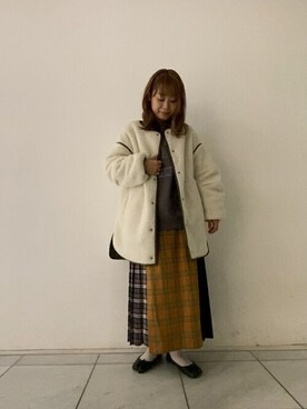 「POU DOU DOU（プードゥドゥ）のアイテム（ノーカラージャケット）」を使った、よしかわさん（レディース・151cm）の冬コーディネート