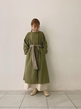 「POU DOU DOU（プードゥドゥ）のアイテム（ノーカラーコート）」を使った、よしかわさん（レディース・151cm）の冬コーディネート