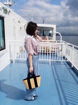 「UNIQLO（ユニクロ）のハイライズワイドストレートジーンズ（デニムパンツ）」を使った、harunoさん（レディース・157cm）の夏コーディネート