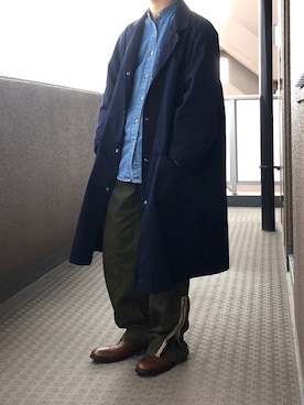 「ノーカラーシャツ」｜「アイテム（チェスターコート）」を使った、ななおさん（メンズ・165cm）の冬コーディネート