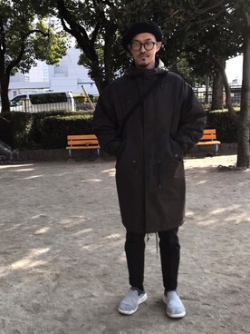 「黒縁メガネ」｜「アイテム（モッズコート）」を使った、masayukiさん（メンズ・173cm）の冬コーディネート