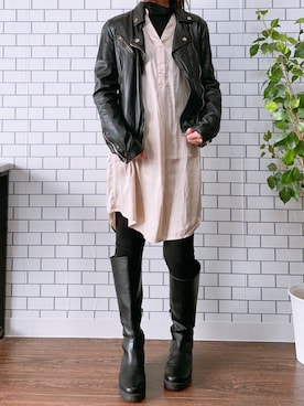 「シャツワンピ」｜「アイテム（ライダースジャケット）」を使った、BABYさん（レディース・158cm）の秋コーディネート