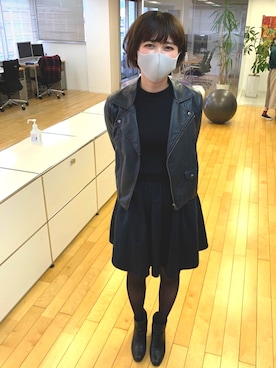 「リブニット」｜「アイテム（ライダースジャケット）」を使った、みーぬさん（レディース・161cm）の秋コーディネート
