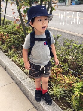 「アイテム（バックパック/リュック、ブルー系）」を使った、Yuitonさん（キッズ・90cm）の夏コーディネート